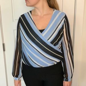 Blue/Black Strip Blouse with Bow Size Large